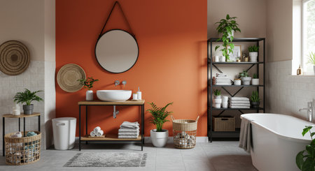 Bathroom interior with orange walls, tiled floor and comfortable bathtub. 3d renderの写真素材