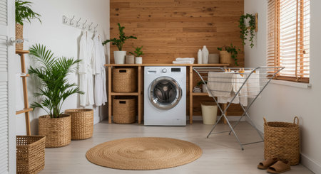 Laundry room interior with washing machine, wicker basket and plantsの写真素材
