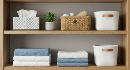 White towels on a wooden shelf in the bathroom. 3d renderingの写真素材