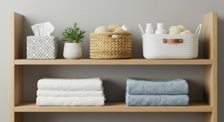 Bathroom shelf with towels, shampoo and soap. 3d renderingの写真素材