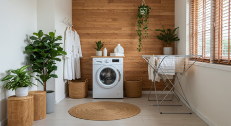Laundry room interior with modern washing machine, accessories and plantsの写真素材