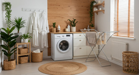 Laundry room interior with washing machine and basket with plants. 3d renderingの写真素材