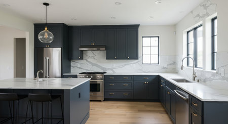 interior of new luxury kitchen with black and white furniture. 3d render