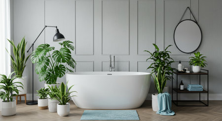 Interior of modern bathroom with white bathtub and green plants. 3d render