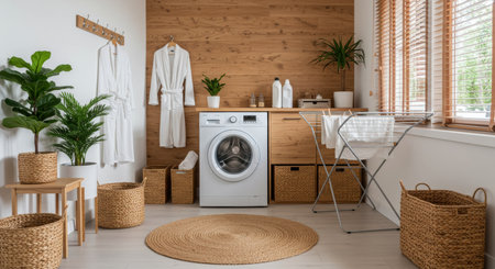 Laundry room interior with washing machine and wicker basket on wooden wallの写真素材