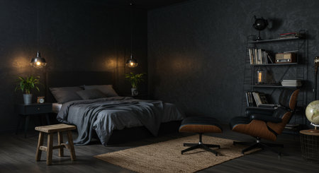 Modern dark bedroom interior design. 3D Rendering mock up.の写真素材