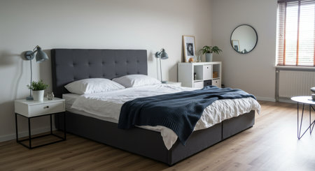 Interior of a modern bedroom with wooden floor