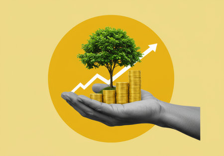 Investment concept, Coins in form of graph with tree on yellow background, business growthの素材