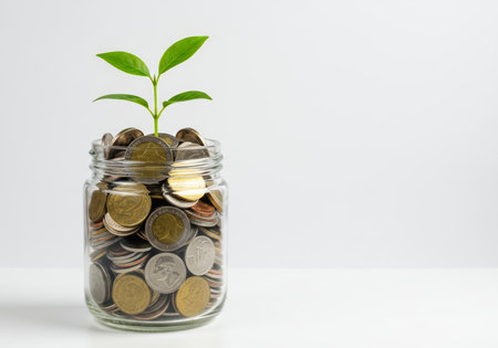 plant growing out of coins in glass jar on white background with copy spaceの素材