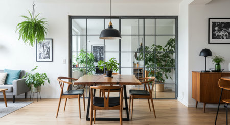 Interior of modern living room with wooden table, chairs and plantsの写真素材