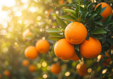 Ripe oranges on the tree. Tangerines in the gardenの写真素材