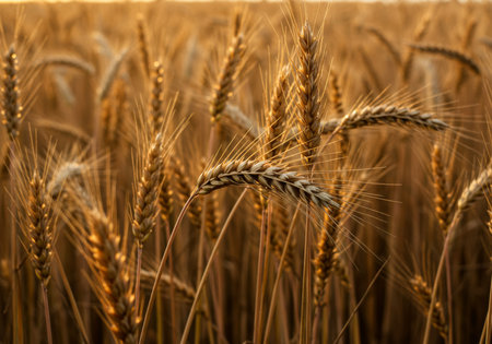 Wheat field. Ears of golden wheat close up. Rich harvest Concept.の写真素材