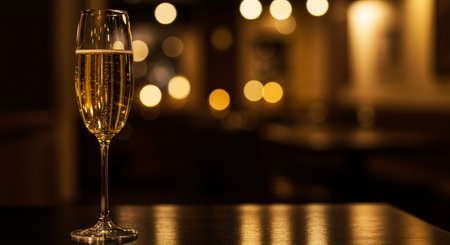 champagne glass on the table in a bar with bokeh backgroundの写真素材