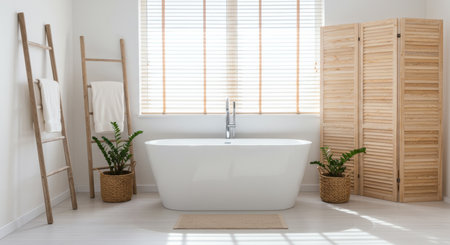 Bathroom interior with white bathtub and wooden wall. 3d renderの写真素材