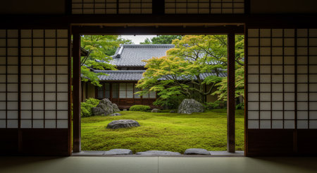 Japanese garden with japanese style house and green meadow.