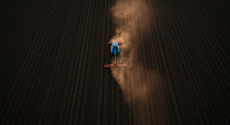 Tractor spraying on field with seedbed cultivator.の写真素材