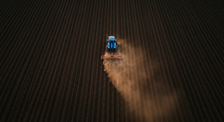 Farmer in tractor preparing land with seedbed cultivator at springの写真素材