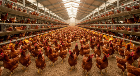 chicken farm - chicken eggs in a chicken coop in a poultry farmの写真素材