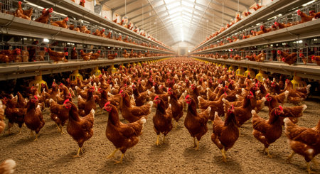 Hens and roosters in a chicken coop in a chicken farmの写真素材