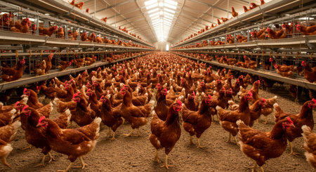 Chicken farm, chicken eggs in a chicken coop, poultry farmingの写真素材