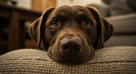 Cute Chocolate Labrador Retriever lying on the sofa at homeの写真素材