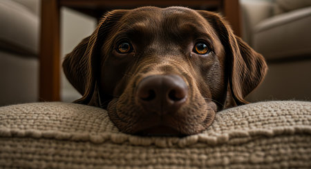 Portrait of a chocolate labrador retriever dog lying on a sofaの写真素材
