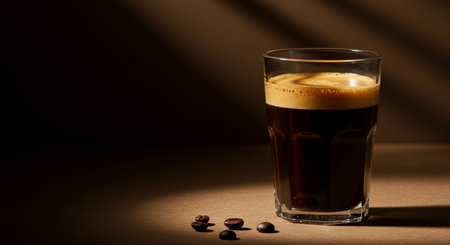 Espresso coffee in a glass with coffee beans on brown backgroundの写真素材