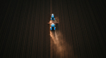 Aerial view of tractor with seeding machine on the field.の写真素材