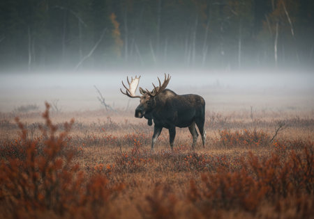 Moose in a foggy field during rutting season.の写真素材