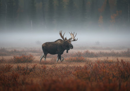 Bull elk (Cervus elaphus) in the fogの写真素材