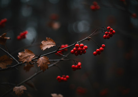 Branch with red berries of viburnum on a dark backgroundの写真素材