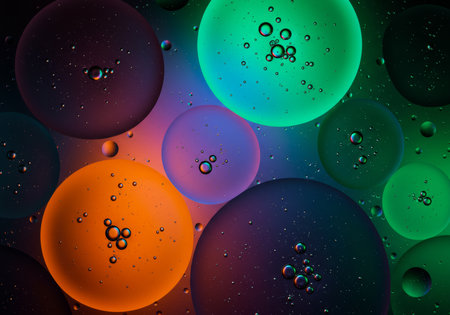 Colorful abstract background with oil drops in water. Circles and bubbles.