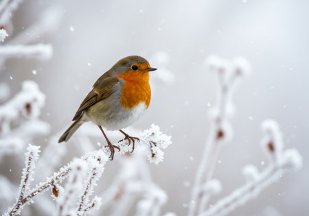 Robin, Erithacus rubecula, single bird in snow, Warwickshire