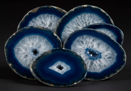 Blue and white agate stones on black background. Studio shot.
