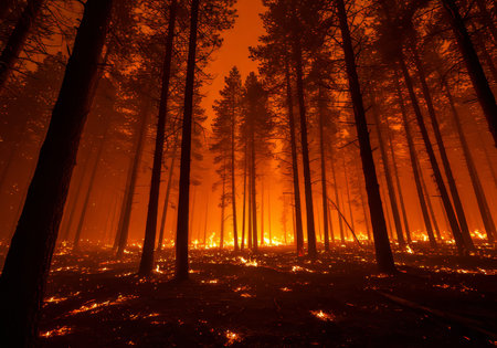 Forest fire, burning pine trees in the forest at night. Red sky.