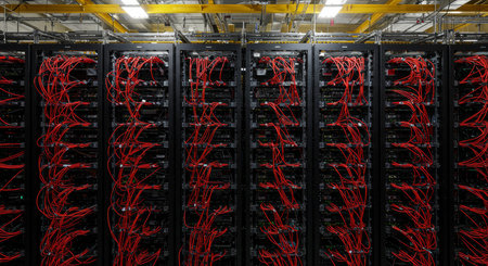 network server room with racks and rows of server cables - technology background