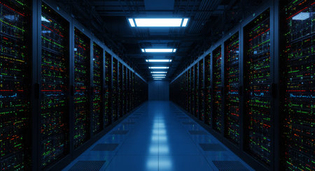 Server room data center. Backup, mining, hosting, mainframe, farm and computer rack with storage...
