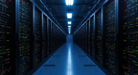 Server room data center. Backup, mining, hosting, mainframe, farm and computer rack with storage...