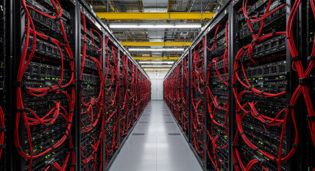 network server room with racks and rows of server equipment 3d rendering