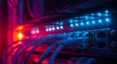 Fiber Optic cables connected to an optic ports in data center