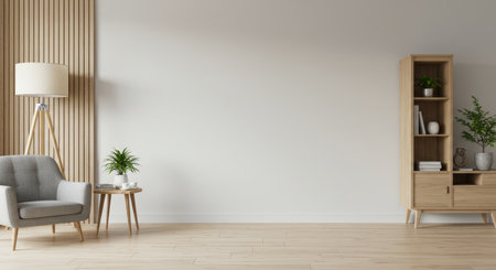 Interior of modern living room with white walls, wooden floor, comfortable gray armchair and coffee table. 3d renderingの写真素材