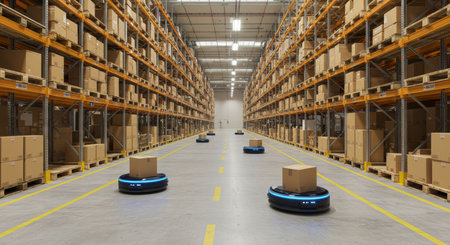 Warehouse interior with shelves and rows of boxes. 3d rendering