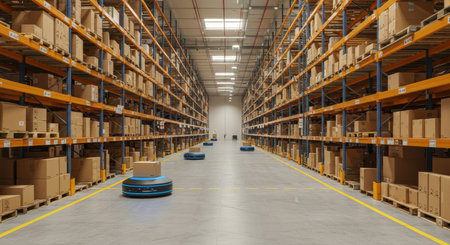 Warehouse interior with shelves and rows of boxes. 3d rendering