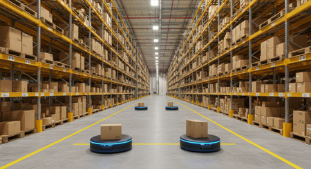 Warehouse interior with shelves and boxes. 3d rendering image.