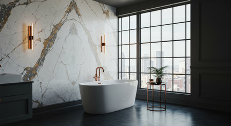 Luxury bathroom interior with marble walls, concrete floor, white bathtub and panoramic window with...