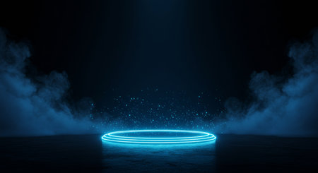 3D render, abstract background with neon lights. Glowing neon lines, round pedestal, banner. Rays of light, bokeh.の写真素材