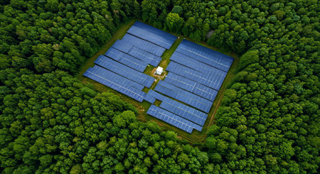 Solar panels in the forest, aerial view from a bird's eye view