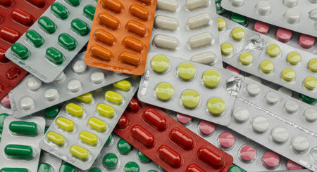 Colorful pills in blister packs close-up. Medical background.
