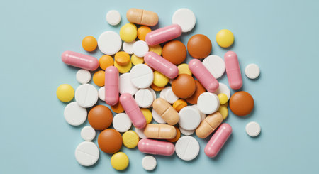 Pills and capsules on blue background. Top view with copy space