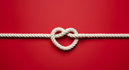 White rope tied in the shape of a heart on a red background